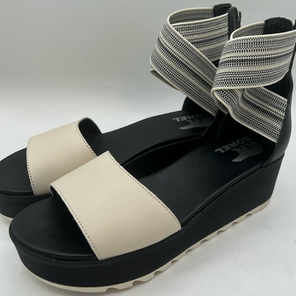 NEW Sorel Cameron Flatform Ankle Strap Platform Wedge Sandals Leather Black 8.5 - Picture 9 of 12